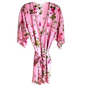 LA Intimates Wraparound Belted Pink Floral Robe with Sheer Sleeves Size Large